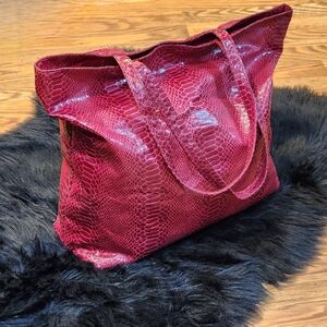 Avenue Burgundy Faux Snakeskin Tote Bag